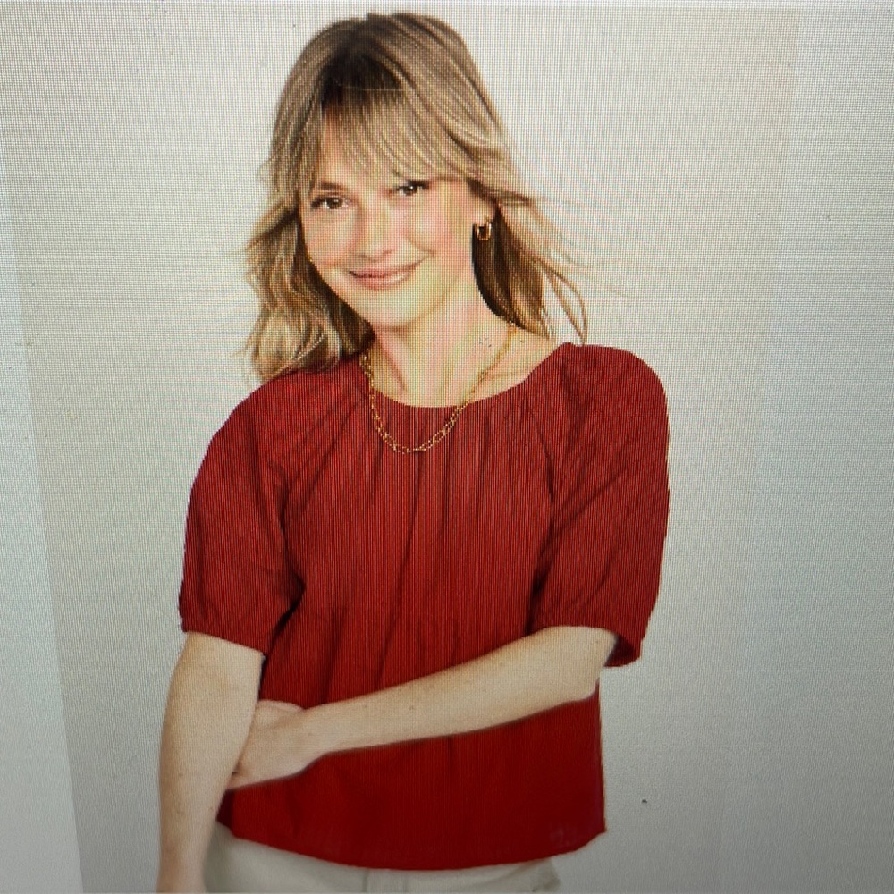 Old Navy Red Puff-sleeve seersucker babydolls swing blouse